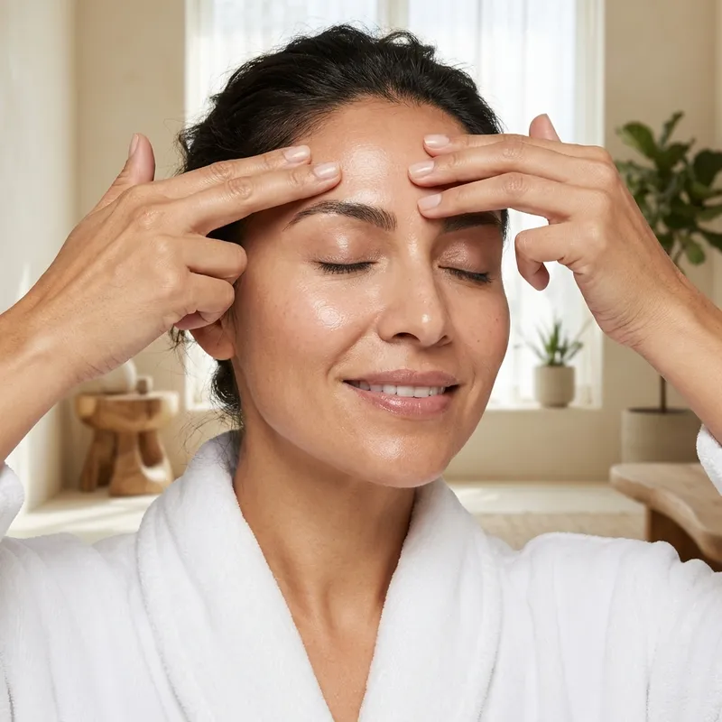Mujer practicando yoga facial — puntos de acupresión en ojos y frente